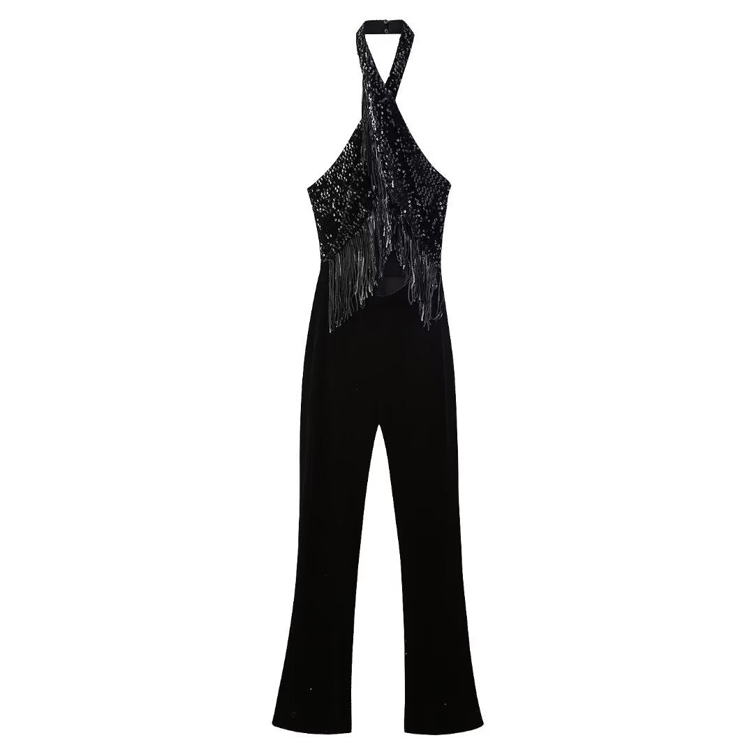 Tassel Beaded Backless Jumpsuit