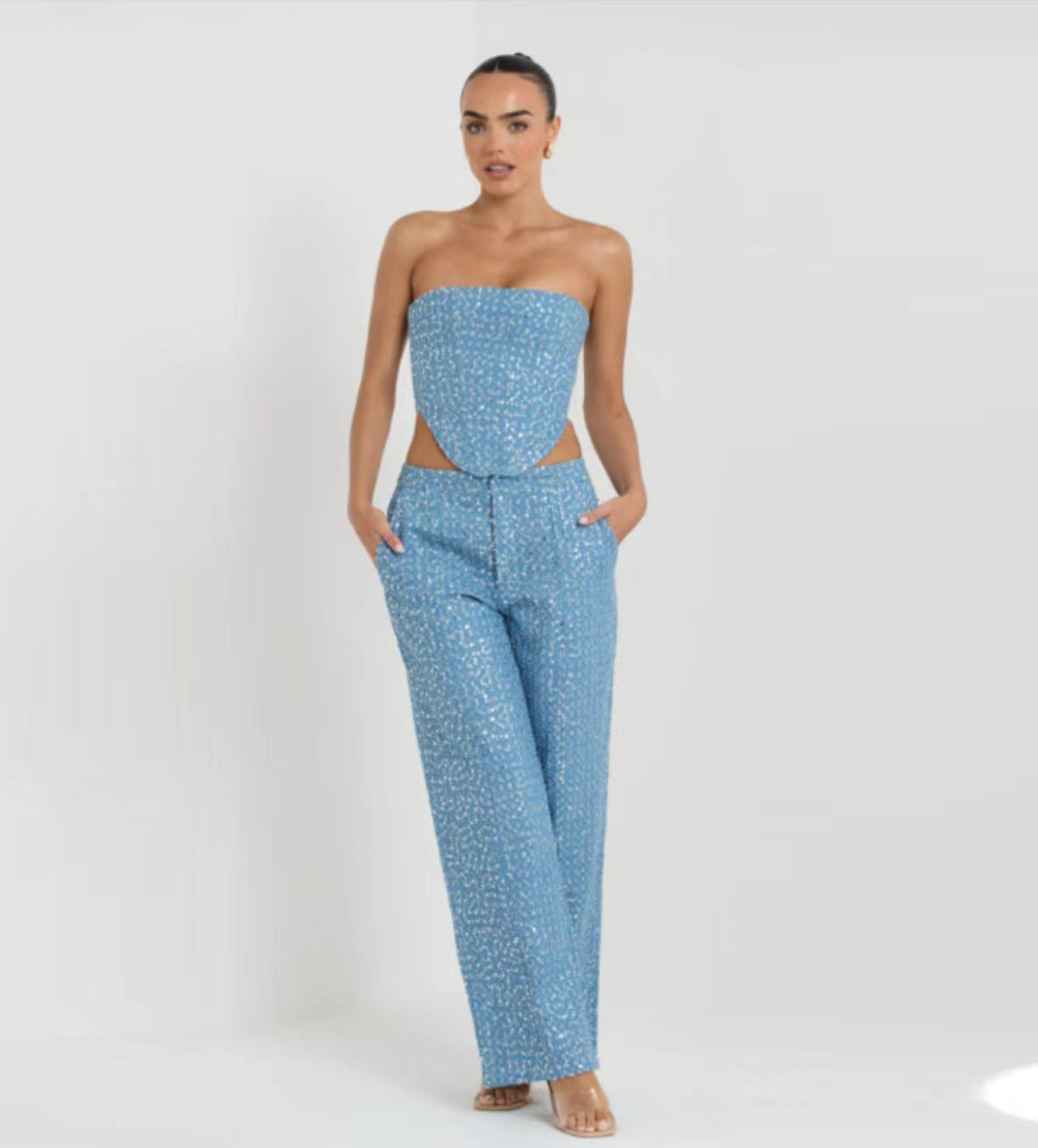 Denim Sequined Tube Top Suit