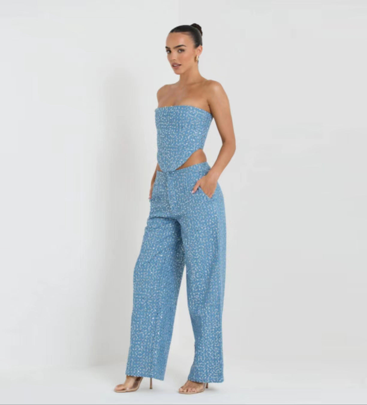 Denim Sequined Tube Top Suit