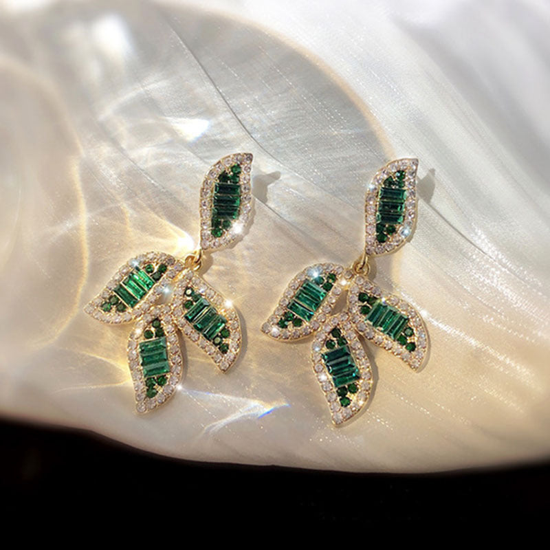 Leaf-shaped Rhinestone Earrings