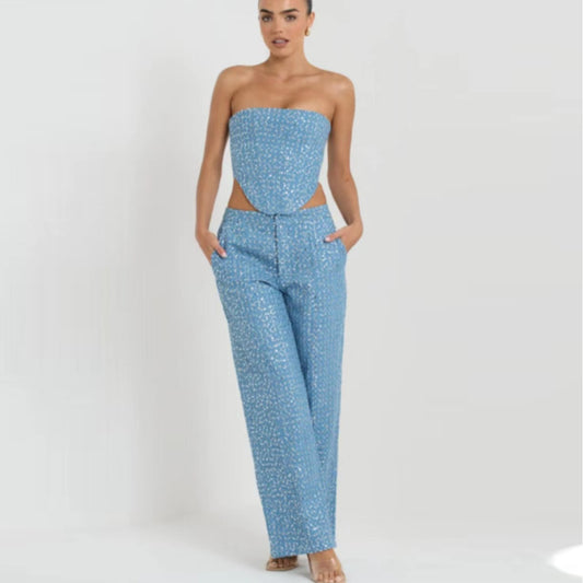 Denim Sequined Tube Top Suit