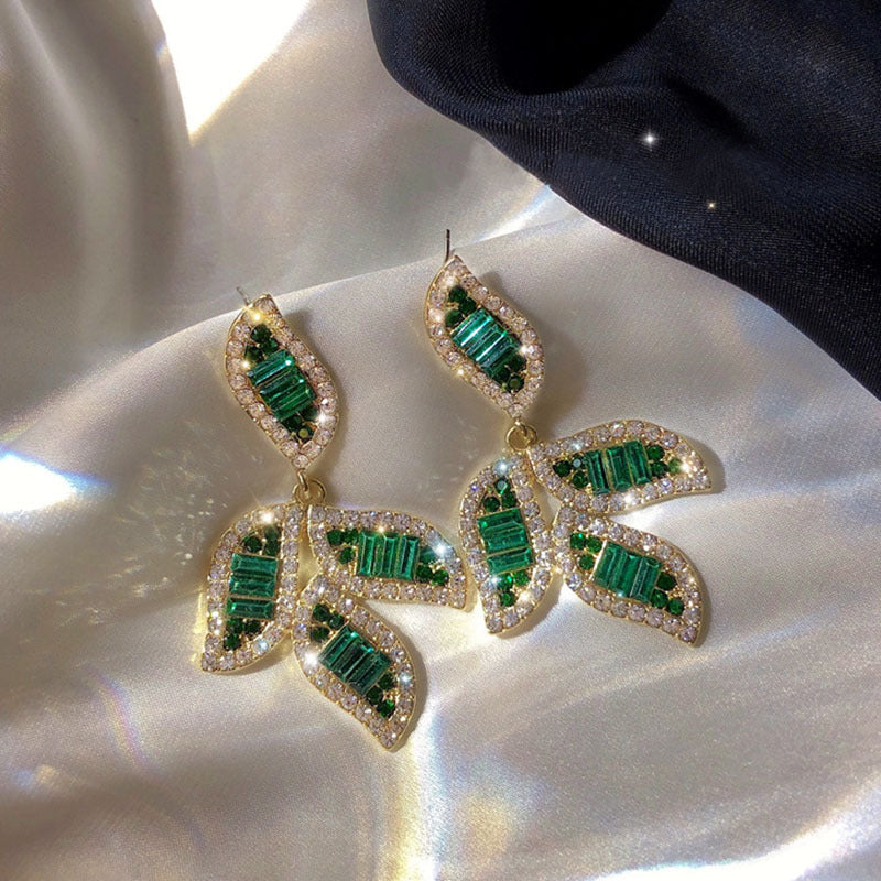 Leaf-shaped Rhinestone Earrings