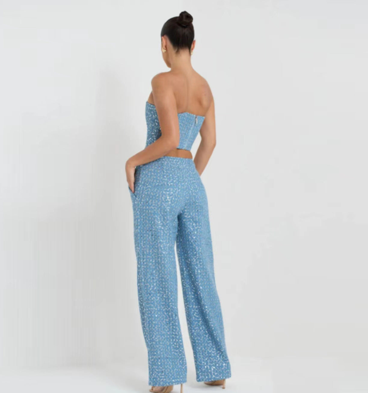 Denim Sequined Tube Top Suit